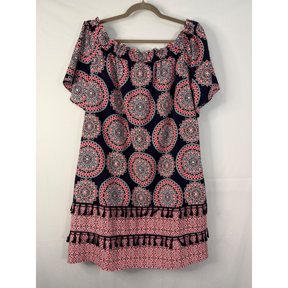 Maggy London Shift Dress Womens 14 Navy Red Mandala Print Tassel Off Shoulder
